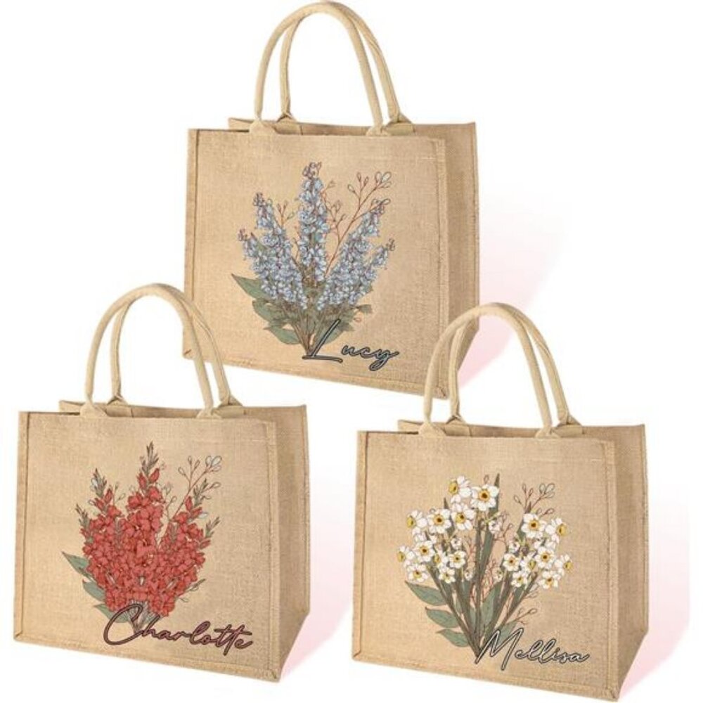 Generic Personalized Birth Flower Tote Bag, Custom Jute Beach Bag, Birthday